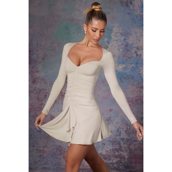 NWT! Oh Polly Long Sleeve Waterfall Skirt Mini Dress in Stone - Picture 2 of 5